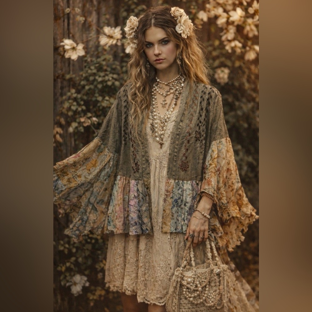 Young Threads 🌺 Boho Patchwork Embroidered Bell Sleeve Top NWT Size S